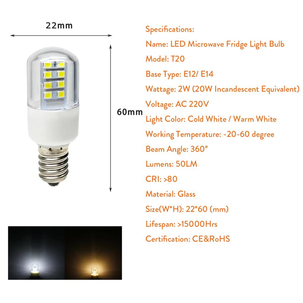 10PCS T22 LED Corn Light Bulb 2W E14 Lamp Microwave Fridge 20W Halogen Lamp Replacement Freezer For Microwave Indicator Home
