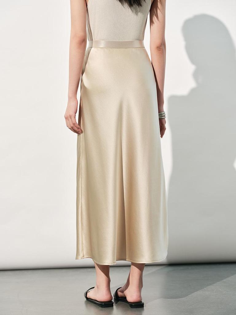 Women's High-Waisted Mulberry Silk Satin A-Line Skirt - Summer, Draped, Versatile, Light Luxury, Slimming Style