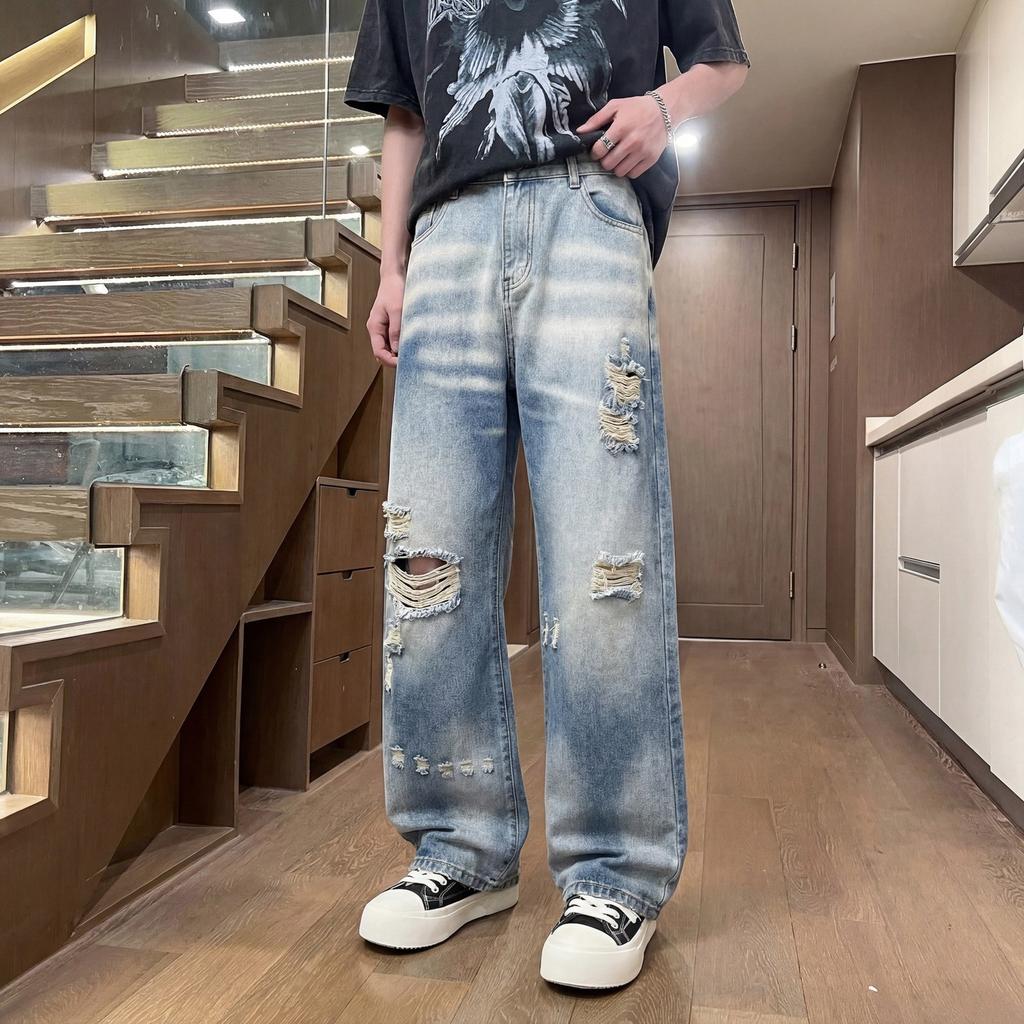 American cleanfit ripped jeans men's summer thin breathable blue straight pants boys high street wide-leg pants
