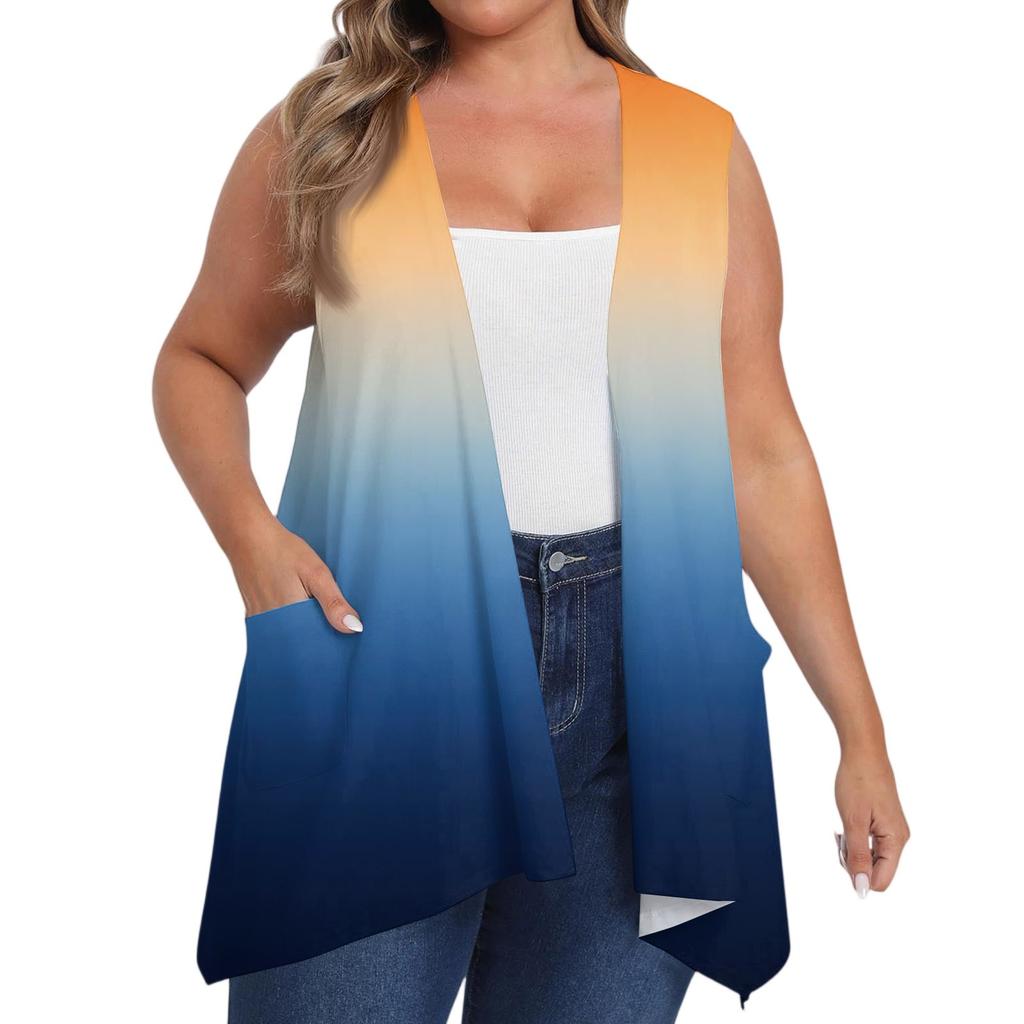 Women's Loose Casual Printed Sleeveless Vest With Pocket Cardigan Jacket Cardigan Jacket