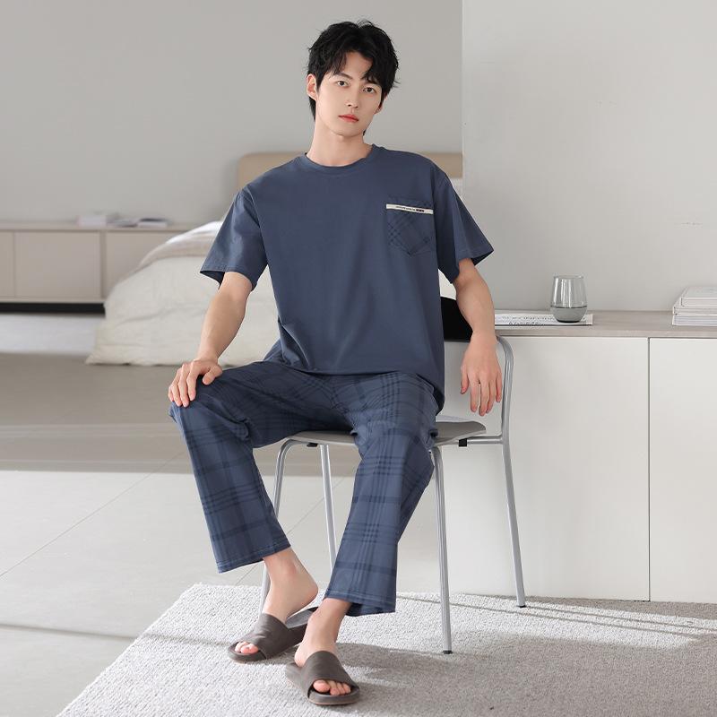 Pure cotton pajamas men's summer thin 1011 new short-sleeved trousers loose large size can be worn outside loungewear suit