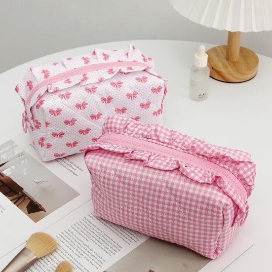 Girls Cosmetic Bag with Ruffles Quilted Cute Pink Bowknot Heart Makeup Bag Soft Cosmetic Pouch Makeup Organizer for Toiletries Brushes