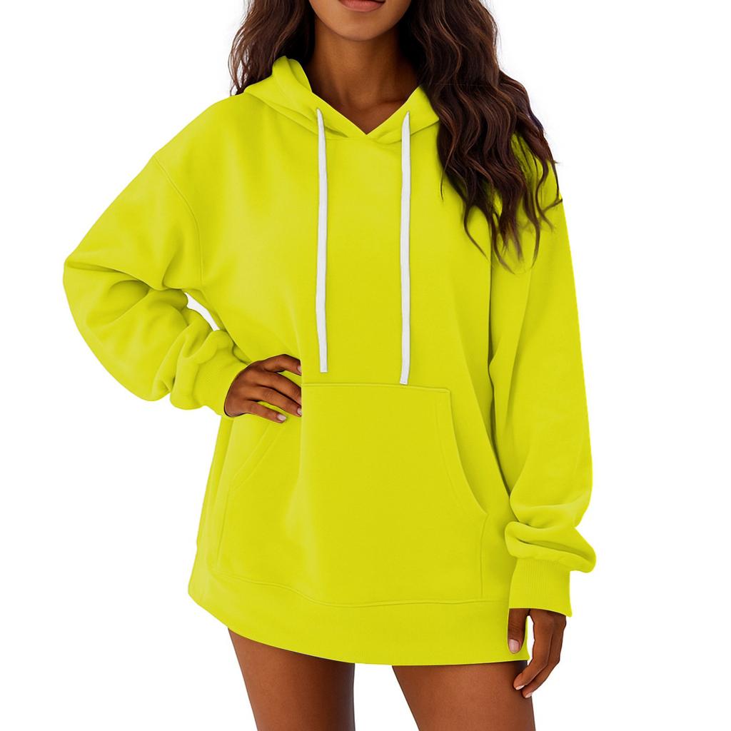 Women's Solid Color Long Sleeved Loose Casual Mid Length Pullover Hoodie Sweatshirt