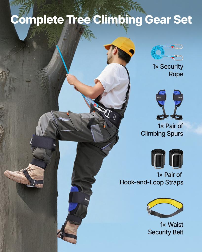 VEVOR Tree Climbing Spikes Set, Height-Adjustable Tree Climbing Gear with Straps & Waist Harness, 159 Kg Load Capacity