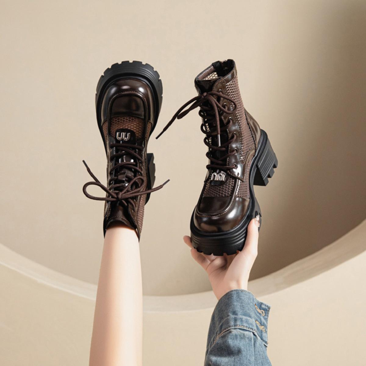 

Soft leather hollow fashion boots women s thick-soled new summer and autumn hollow breathable mesh boots women s heightening boots women 40 темно-коричневого