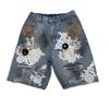 2026 Summer Ripped Denim Patchwork Shorts with Lace and 3D Floral Art