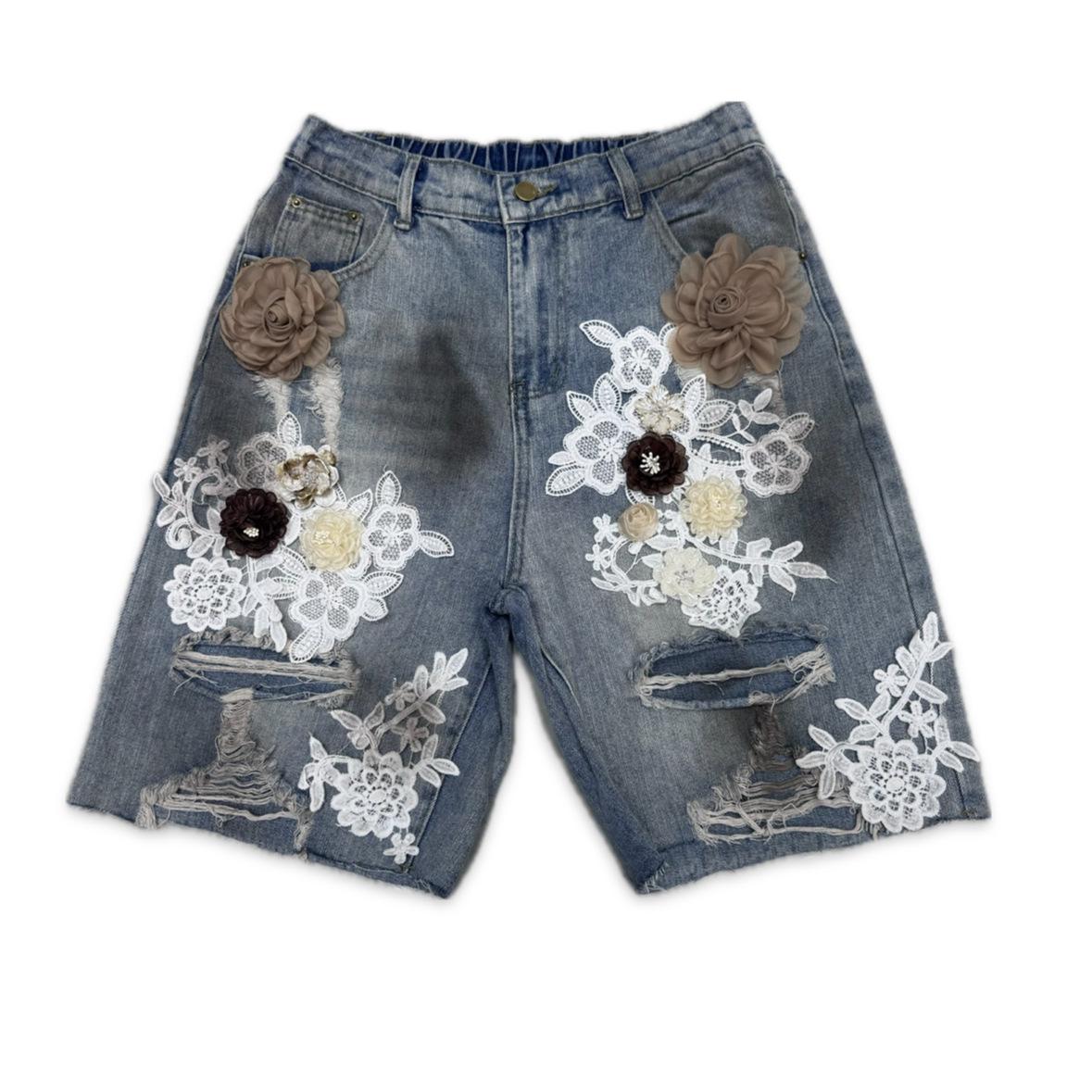 2026 Summer Ripped Denim Patchwork Shorts with Lace and 3D Floral Art 2XL синий/джинсовый