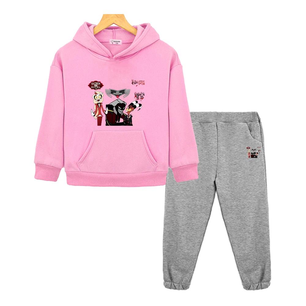 Kinder Weihnachts Kleidung helluva boss Print Kapuzenpullover Fleece Herbst Sweatshirt Jacke Bequemes 2-teiliges Pullover+Hose Jungen Mädchen Sportsets