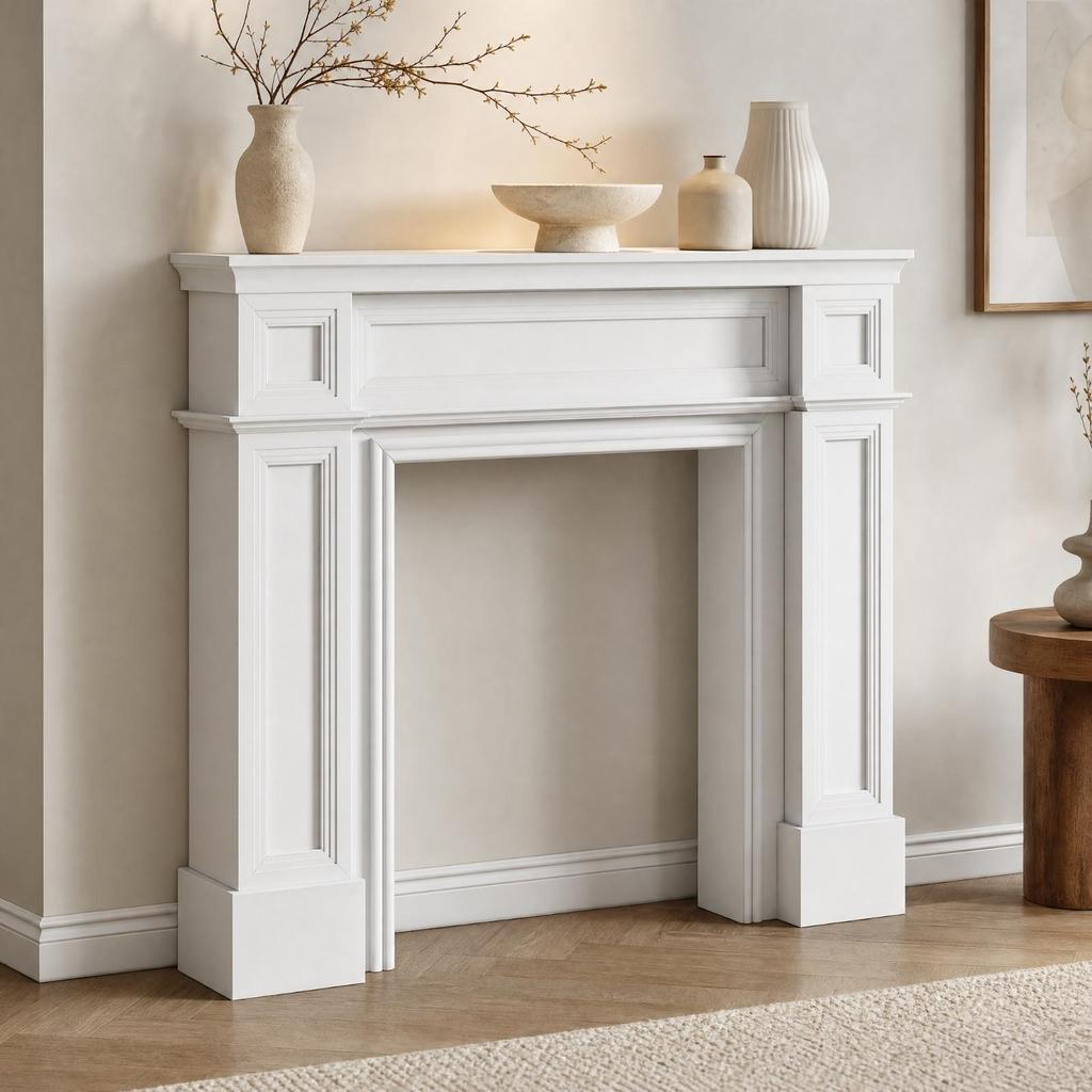 French Country Faux Fireplace Mantel Cabinet Painted Finish Freestanding