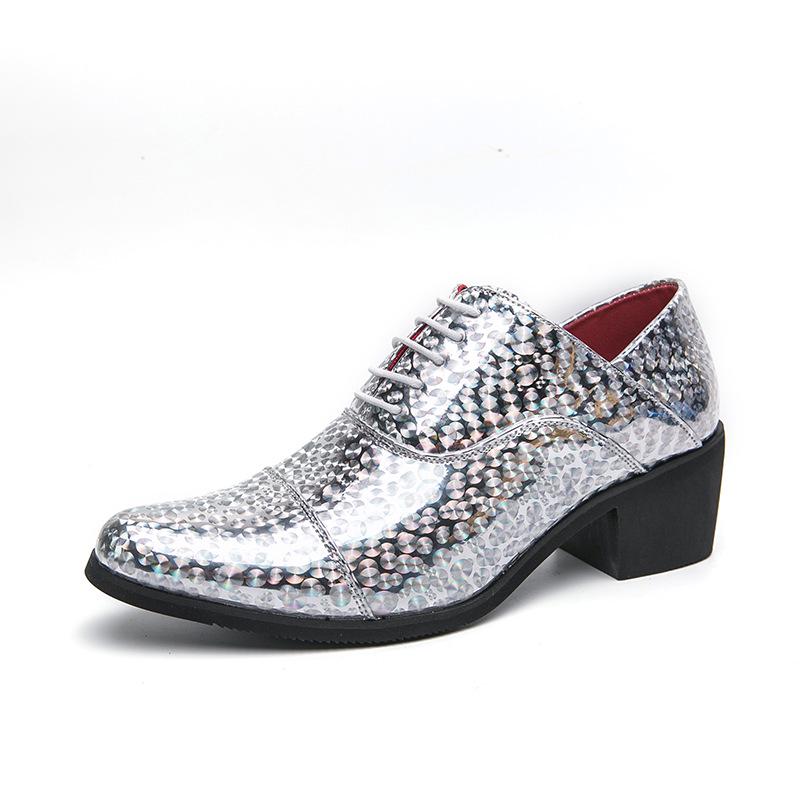 Men's Glossy Leather High Heel Shoes, Large Size, 6cm Height Increase, Trendy Nightclub Style for Spring and Autumn