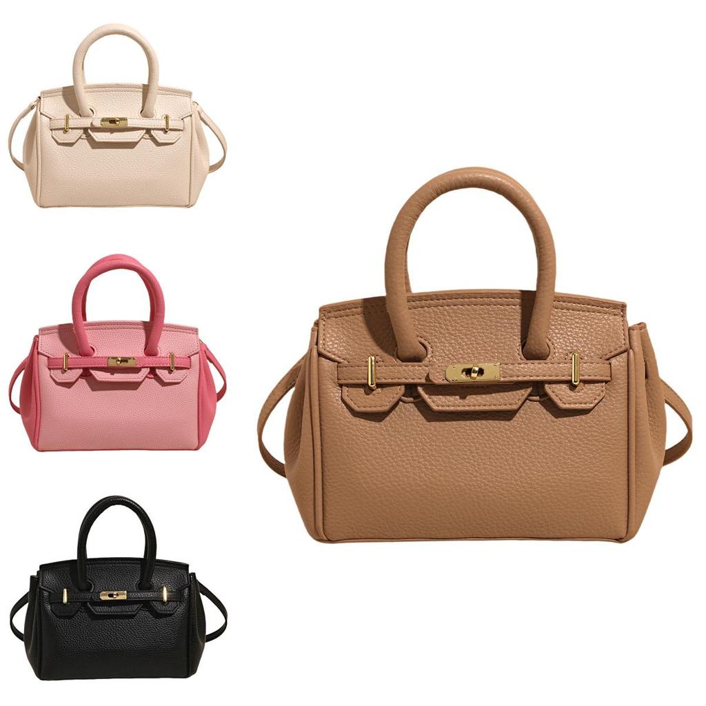 Solid Color Handheld Leather Bag With Lock Closure For Casual Outings