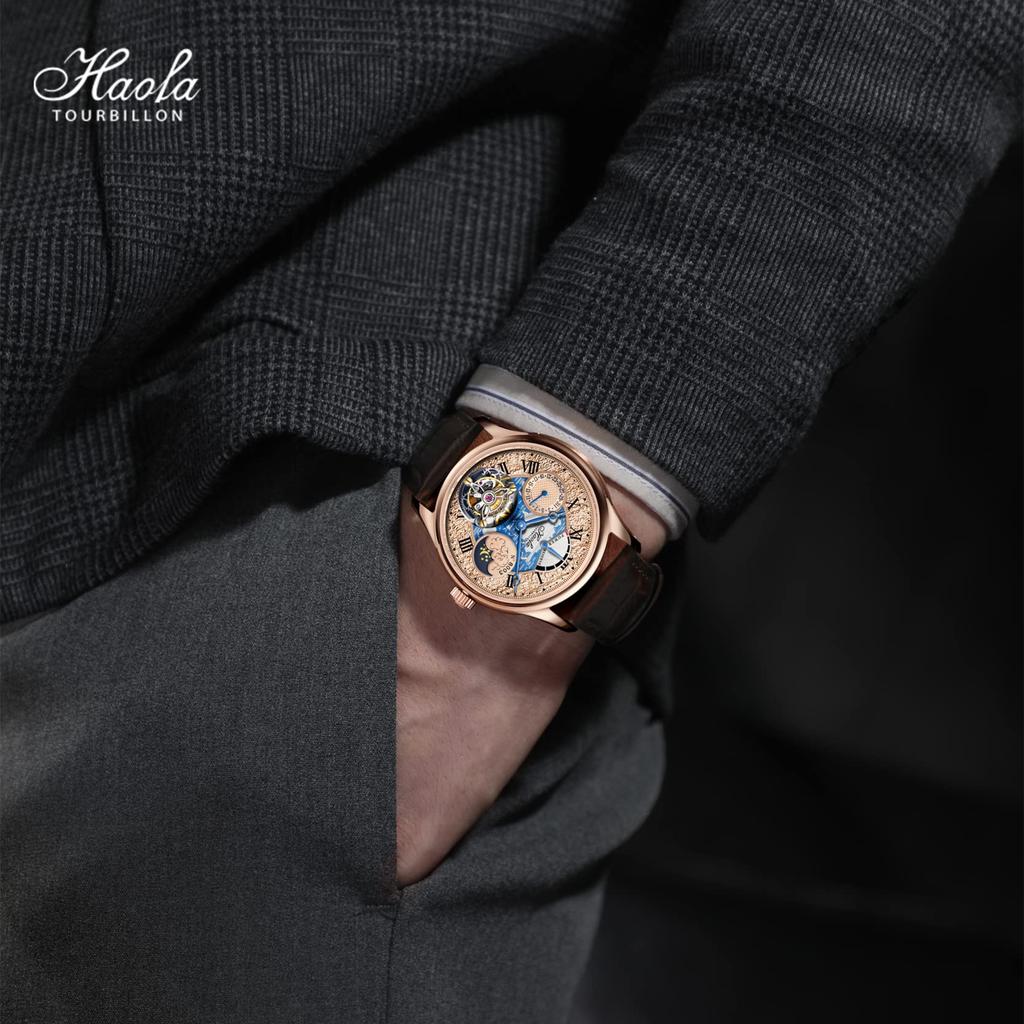 HAOFA Tourbillon-Uhr, mechanisch, automatischer Aufzug, Energieanzeige, hohles Zifferblatt, Mondphase, stilvolles Datum, luxuriöses Saphirglas, beliebtes wasserdichtes Geschenk