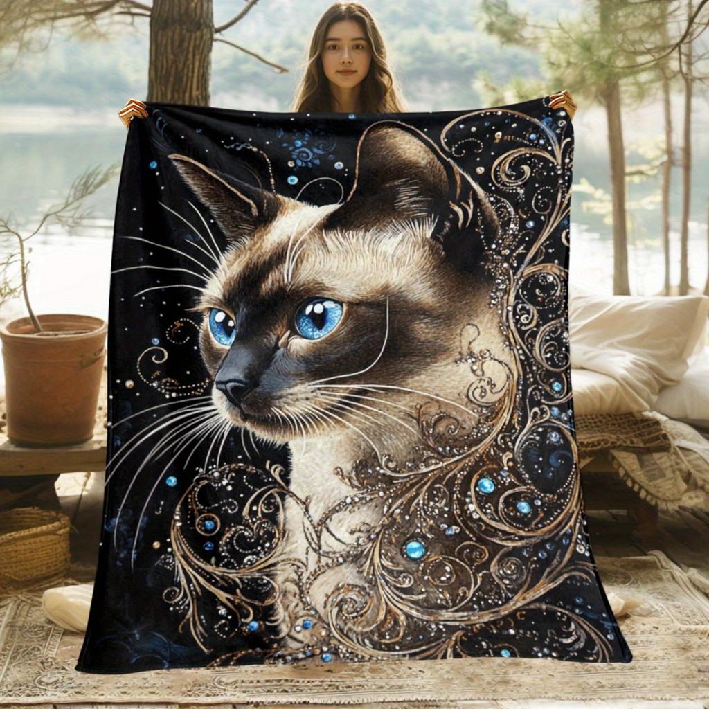 1 Blue Eyed Siamese Cat Print Flannel Blanket - Lightweight, Soft, Warm Blanket for Sofa, Bed, Travel, Camping and Office