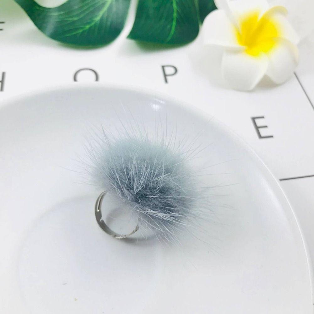 Opening Adjustable Pompom Fur Ball Ring Alloy Ring Cute Fur Ball Mink Hair Finger Ring  Women