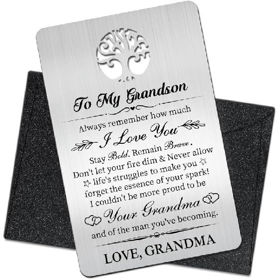 To My Grandson I Love You Wallet Card, Engraved Metal Wallet Insert Card with Love Note from Grandpa Grandma, Inspirational Gifts Graduation