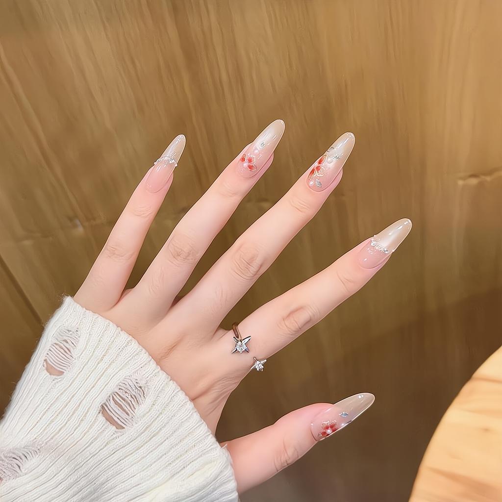 Press On Nails Medium Stiletto Glitter Fake Nails Press Ons with Design Reusable Acrylic False Nail Full Cover Glue On Nail Stick On Nail for Women