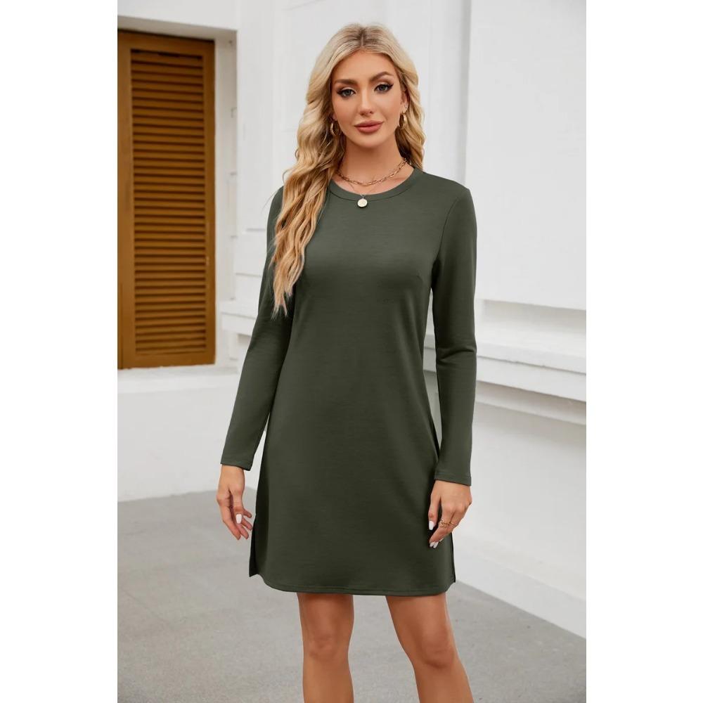 Damen Rundhalsausschnitt Saum Schlitz Sweatshirt Langarm Freizeitkleid