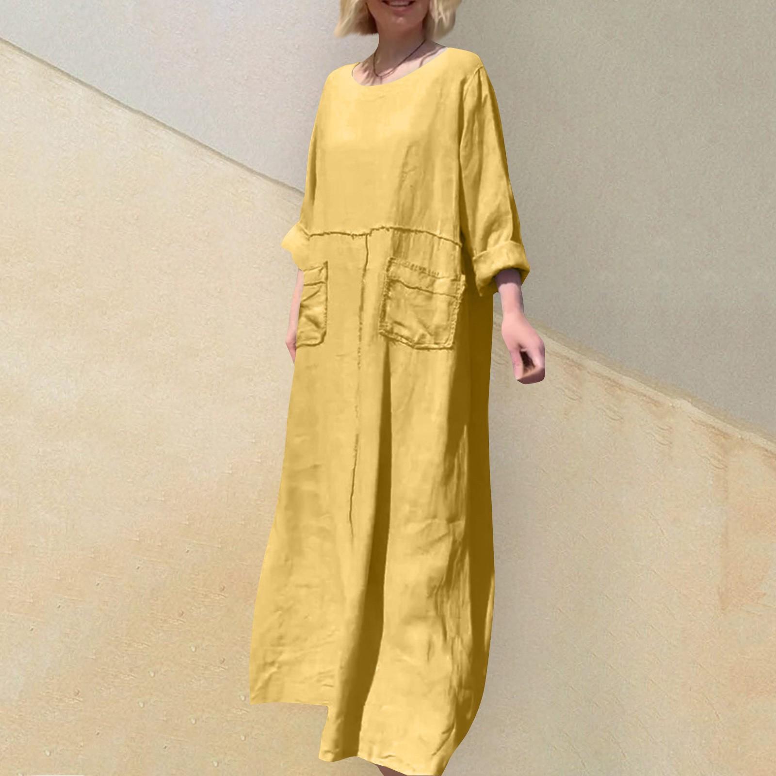 

Женское однотонное повседневное плиссированное двустороннее карманное платье из хлопка и льна с круглым вырезом и длинными рукавами XL жёлтый