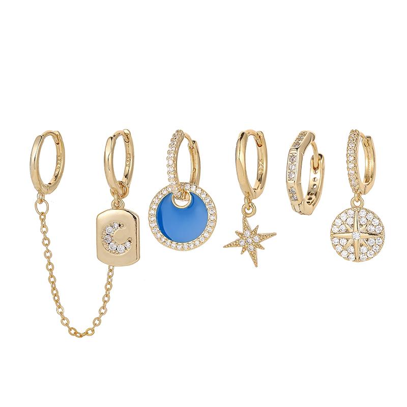 

ANENJERY серьги-кольца с цирконием, звездой и луной, двойной пирсинг, серьги-кольца для женщин, роскошный комплект серег из 6 предметов