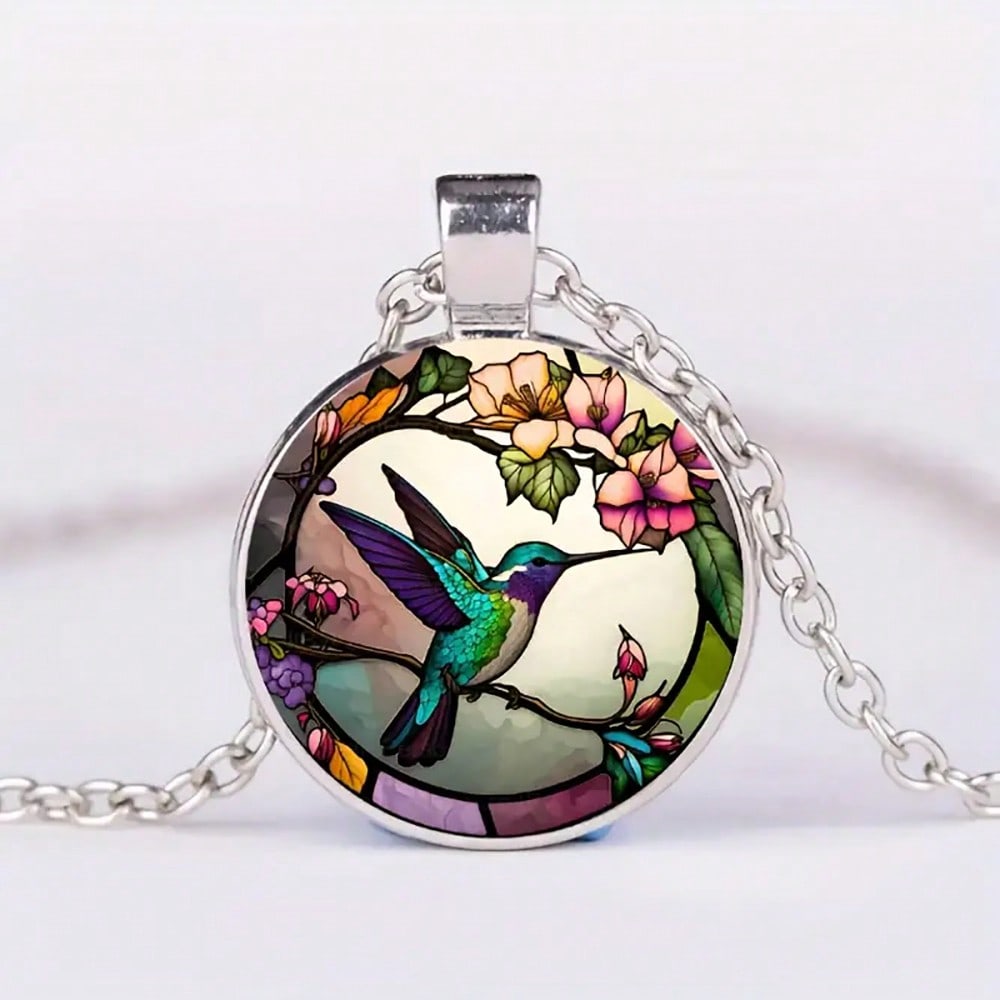 

Retro Style Hummingbird Era Gem Pendant Necklace - Women s Colored Glass Design Necklace one-size