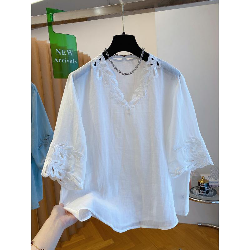 Women Blue Lace Hollow Out Loose Casual Summer Blouse Shirt