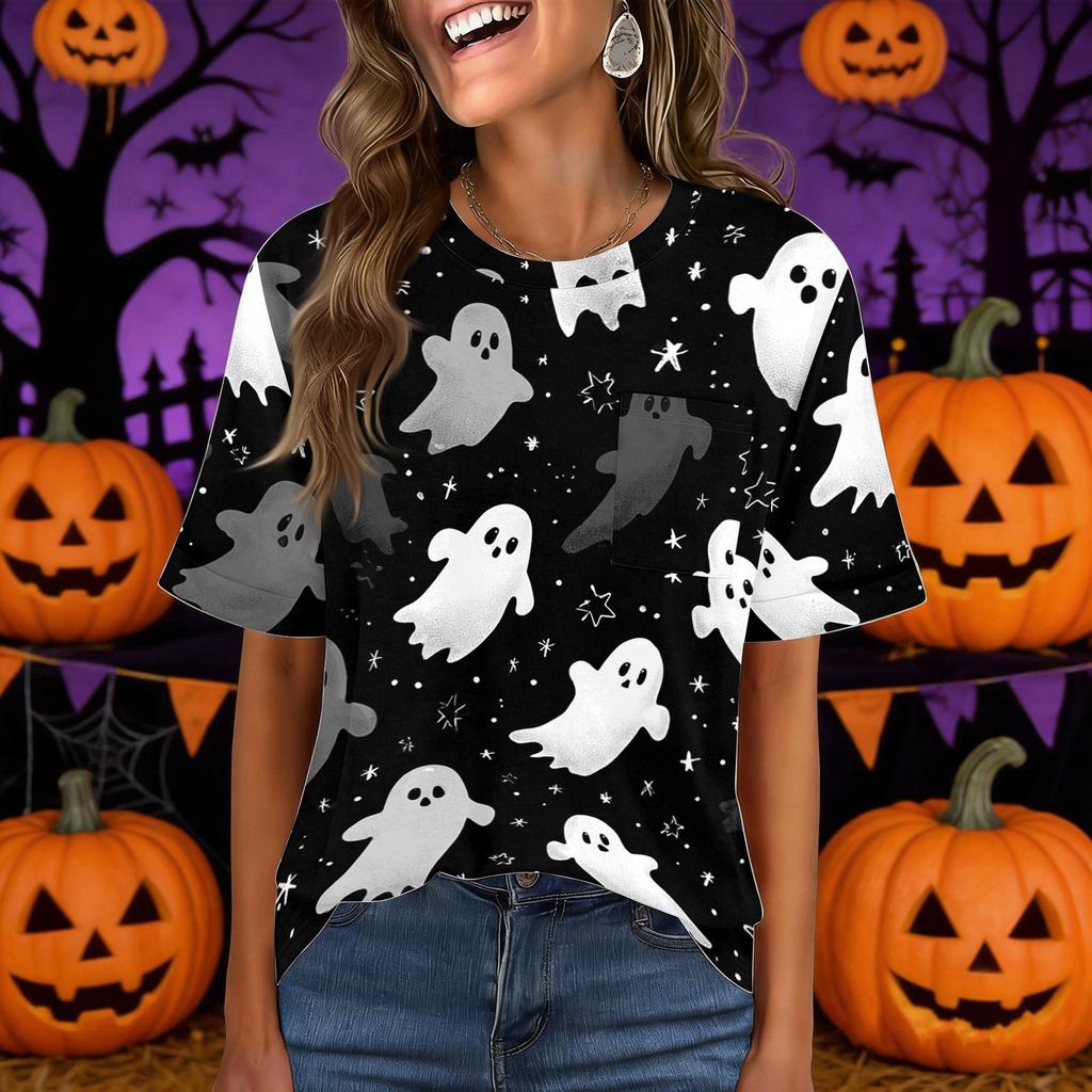 Women's Casual Short Sleeve Pullover Top Halloween Print Round Neck Pocket Loose Fit Lightweight Shirt for Everyday Wear