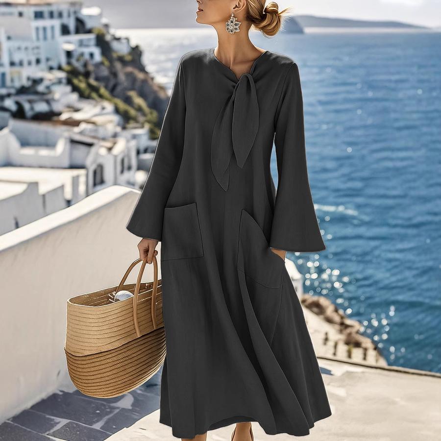New Women's Casual Loose Fashion Solid Color Cotton Linen Crew Neck Long Sleeve Pocket Dress