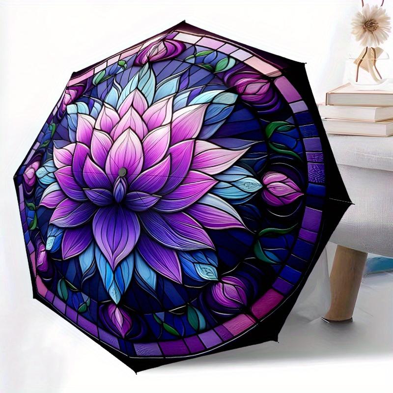 1pc Lotus StainedGlass Compact Travel Umbrella, Automatic Folding Lightweight Windproof 8-Bone Reinforced Design, Portable for Backpack Dura