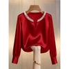 Bluză Satinată cu Mărgele, Decolteu în V, Mânecă Lungă, pentru Femei, Top Elegant Formal