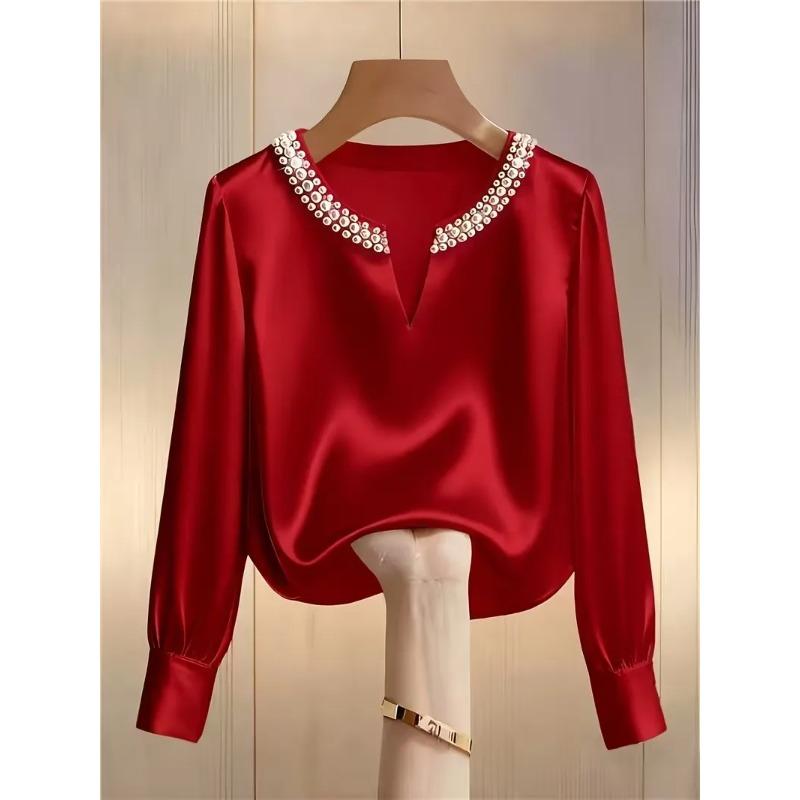 Bluză Satinată cu Mărgele, Decolteu în V, Mânecă Lungă, pentru Femei, Top Elegant Formal