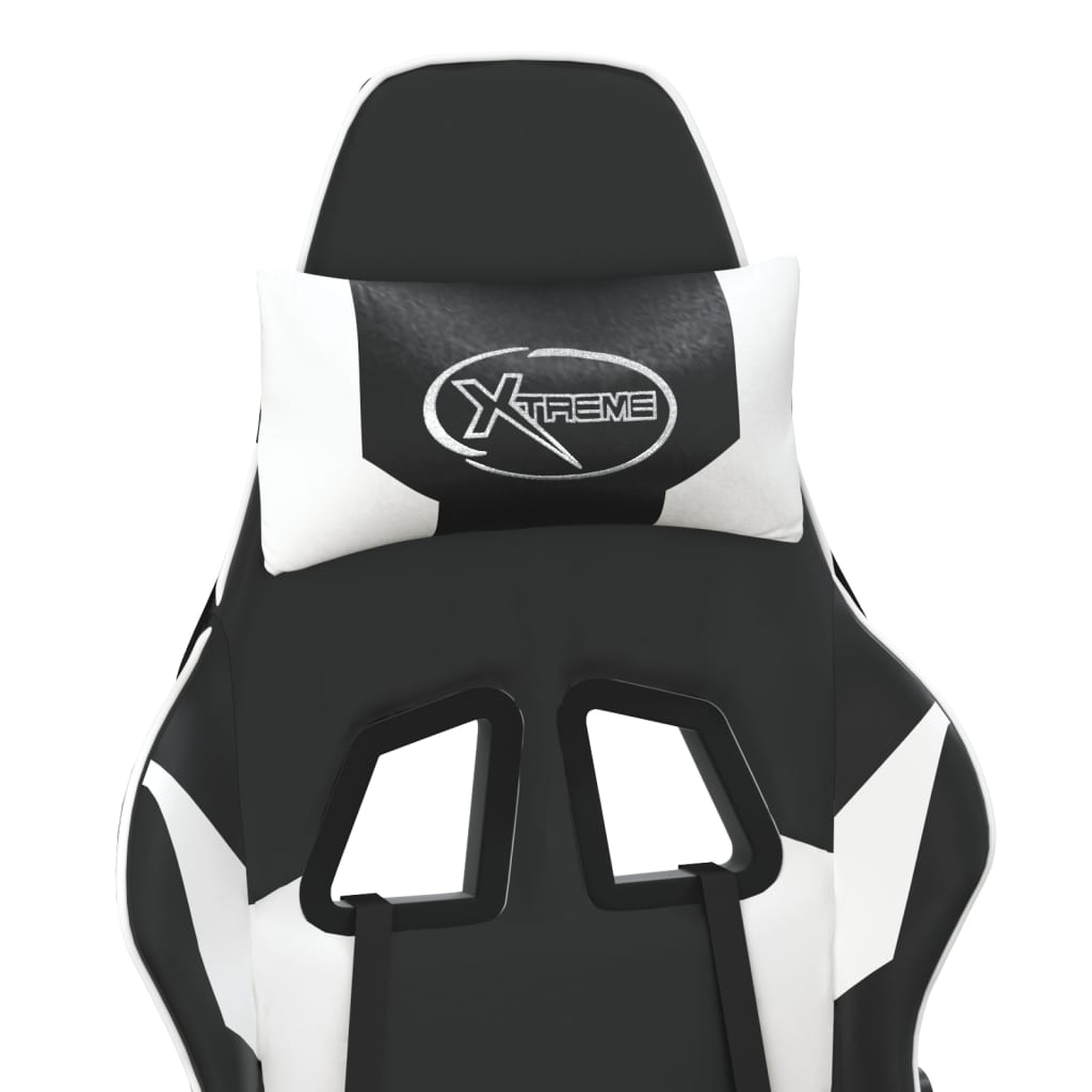 Gaming Chair with Massage Function & Footrest Black & White PU Leather