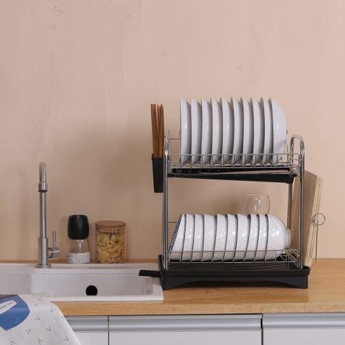 Leimish Two-Tier Dish Drainer, Stainless Steel, Rust-Proof, Automatic Drainage, Dish Drainer, Dish Holder, Chopstick Holder, Large Capacity, Kitchen S