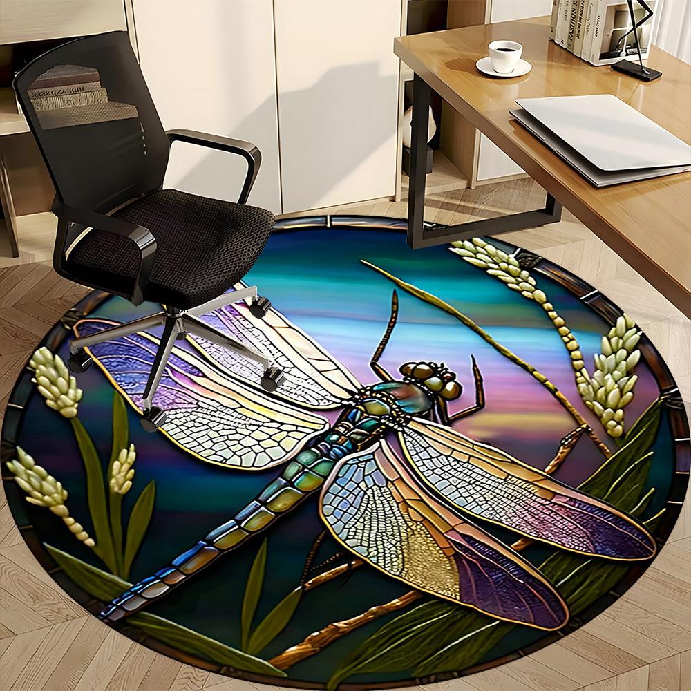 1PC Dragonfly StainedGlass Office Round Area Rug, Mat Suitable ForOffice, Under Office Chairs Bedroom Living Room Home Decor, Room Deco
