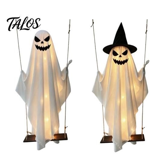 Fantasma Facile da Appendere per Decorazione Esterna Halloween Decorazione Luminosa, Grande Spettrale su un Viso Demoniaco Luminoso Altalena da Giardino con Cappello da Strega Portico