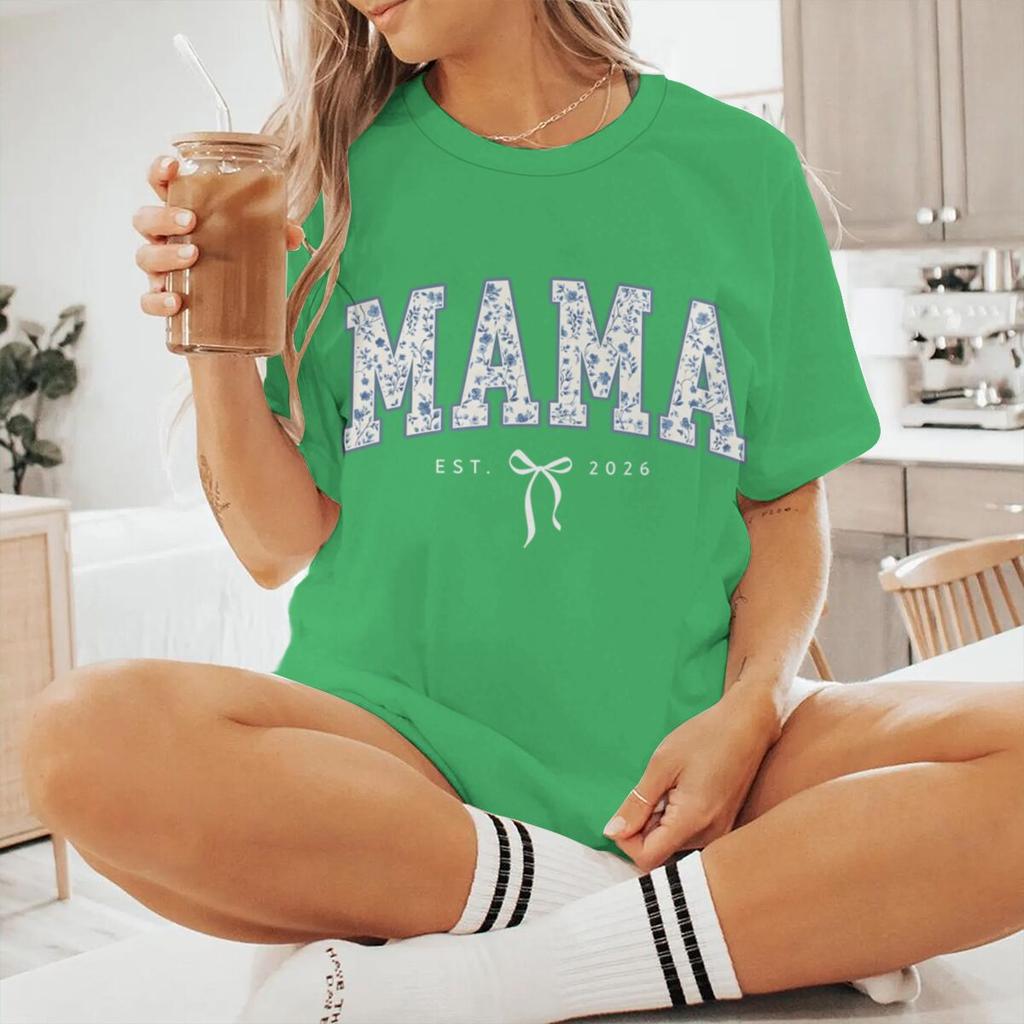 Vintage Floral MAMA EST 2026 TShirt Women Coquette Bow Print Casual Short Sleeve Tee New Fashion Mom Gift