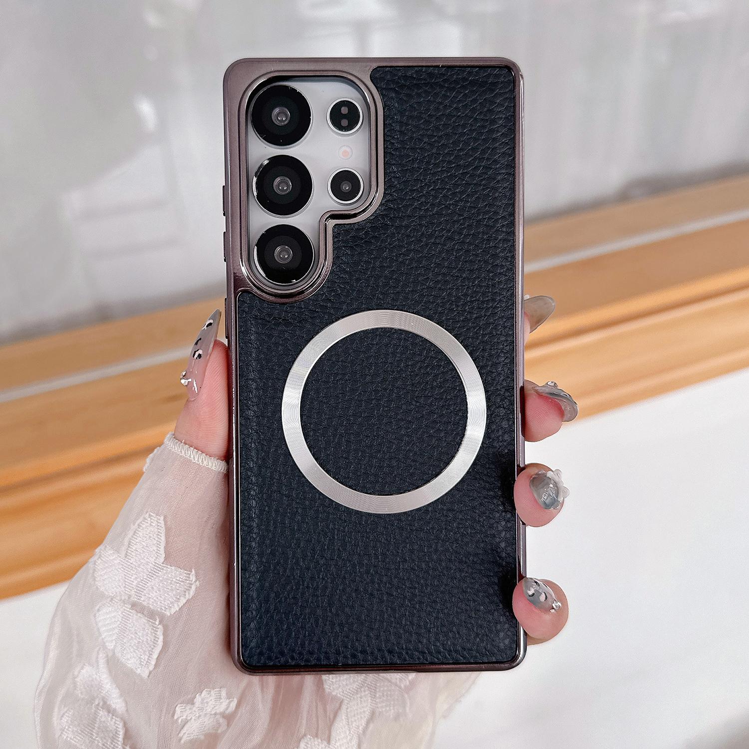 

For Samsung Galaxy S24 Ultra Magnetic Case Electroplating Litchi Texture PU TPU PC Phone Back Cover C