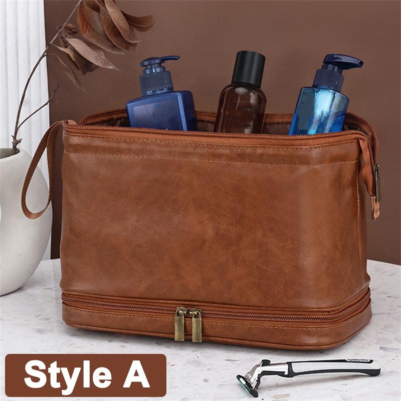 Portable Cosmetic Bag PU Leather Wash Bag Travel Business Trips Large Capacity Multi Pocket Design Handheld Leather Wash Bag