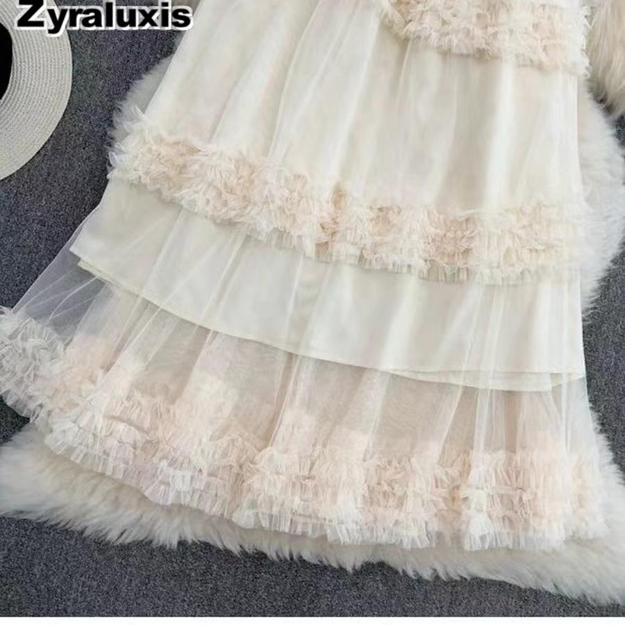 Autumn Sweet Retro Court Wood Ear Patchwork Irregular Cake Puffy Skirt Fairy Lace Mesh Half Skirt