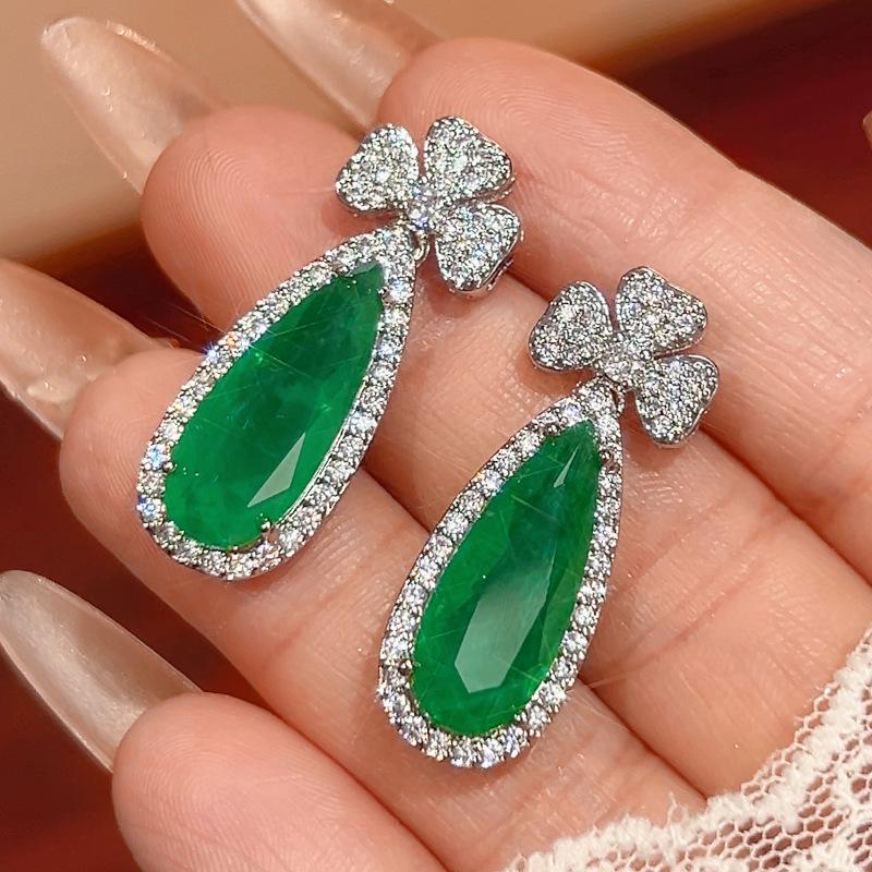 Accessories Set Earrings Necklace Pink Zirconium Paraiba Emerald Droplet Female Light Luxury