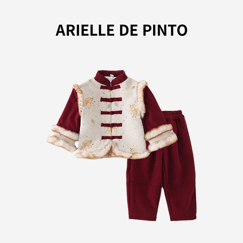 French Arielle De Pinto Girls  Autumn and Winter Outfit Red New Year s Greeting Outfit New Year s Performance Outfit Set Boy 120