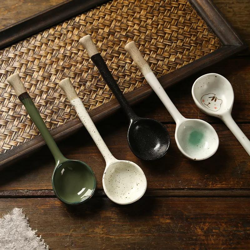 Cucchiaio da Zuppa Piccolo in Ceramica Stile Giapponese, Cucchiaio in Gres, Cucchiaio a Manico Lungo, Cucchiaio da Riso Domestico Carino Creativo Stoviglie da Cucina