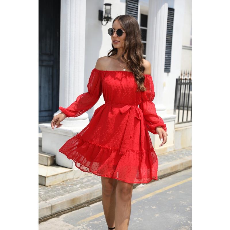 Spring and Autumn Women's Dress Elastic Neck Long Sleeve with Lining and Belt Strapless Dresses