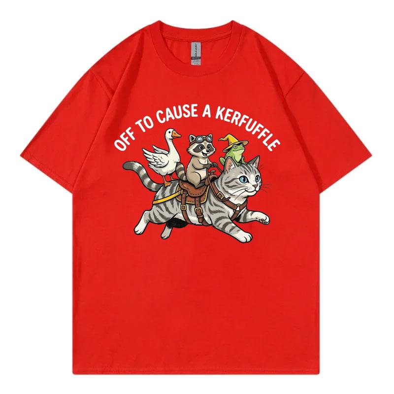 Off To Cause A Kerfuffle Funny Meme TShirt Frog Raccoon Goose Riding Cat Graphic T Shirts Unisex Unisex Fashion Cartoon TShirts