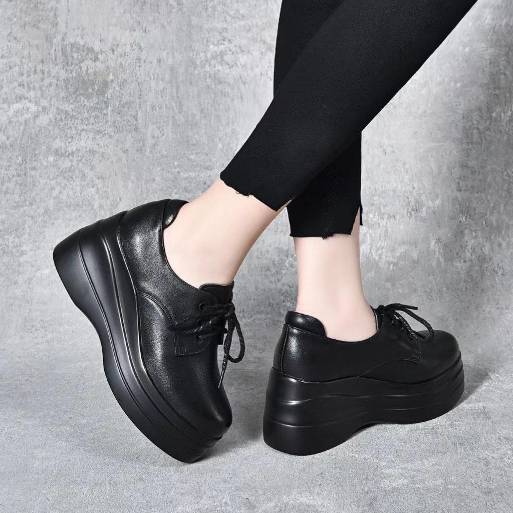 Platform Shoes Women's 2025 Spring New Round Head Lace-up Muffin Heel Women's Shoes First Layer Cowhide Leisure College Style Single Shoes