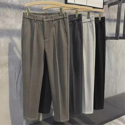 Men's Slim Fit Woolen Trousers with Starry Sky Pattern - Warm, Brushed, Solid Color for Autumn and Winter