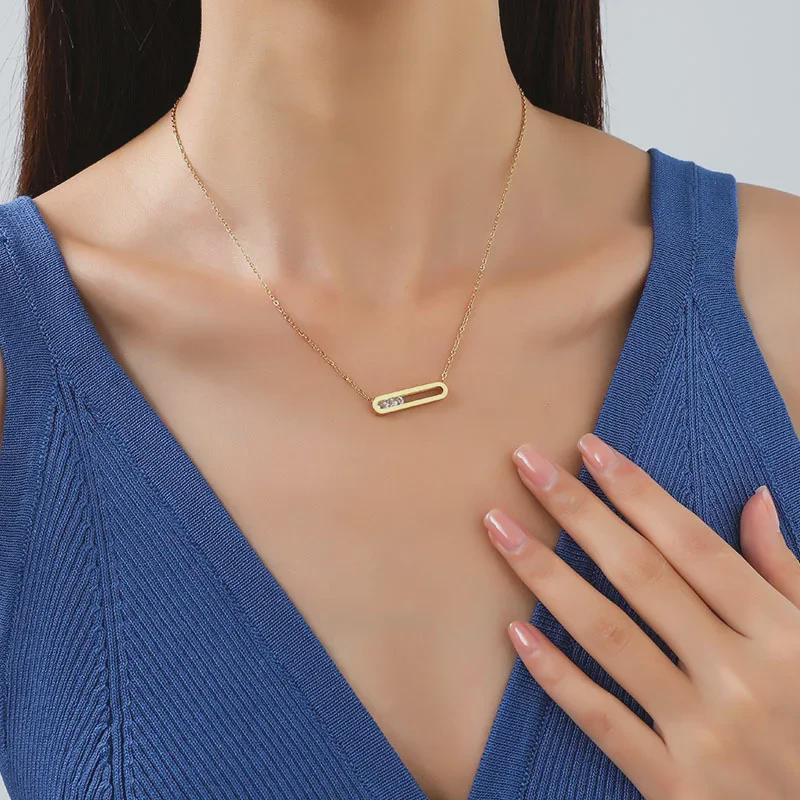 Koreański owalny geometryczny naszyjnik z cyrkonii ze stali tytanowej - luksusowy łańcuszek na obojczyk