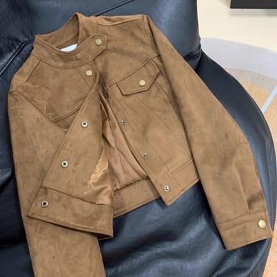 Women's Spring and Autumn  American Vintage Maillard Coffee Color Leather Coat  Design Sense Suede Short Jacket Motorcycle Wear