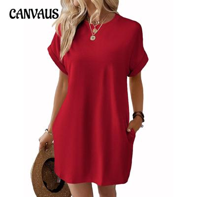 Sommer Damen T-Shirt Übergröße Kleid Einfarbig Rundhals Lose Kurzarm Taschenkleider