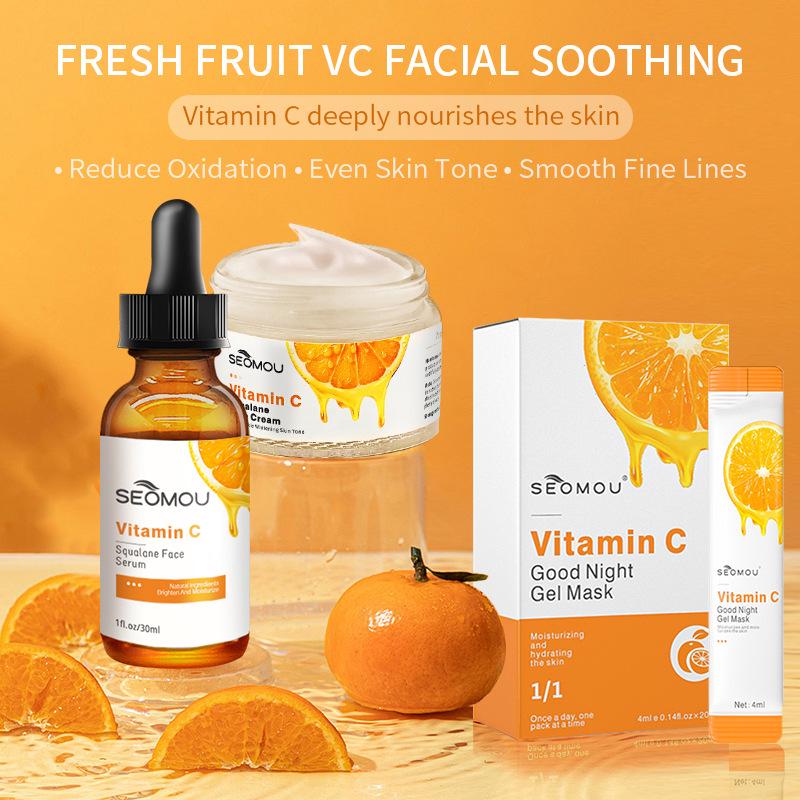Coffret de Soins de la Peau à la Vitamine C: Sérum Visage, Lotion pour le Corps, Mousse Nettoyante, Toner, Émulsion et Crème