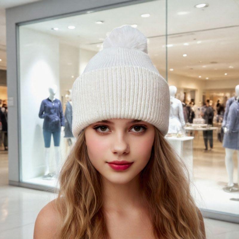 Women s Hat New Rabbit Fur Winter Hat - Solid Color Warm Ear Protection Pom-pom Thickened Fashionable Hat 56-58cm